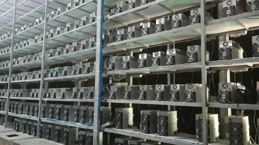 Mining farm hosting facility with rows of mining machines operating