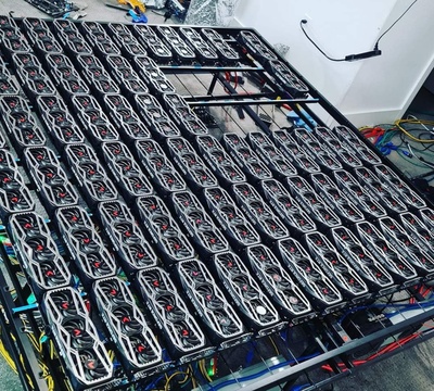 A vast cryptocurrency mining farm in the United States with rows of mining rigs under LED lights